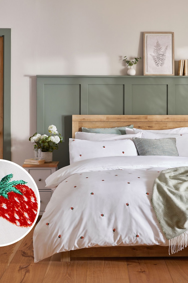 White With Strawberries Embroidered Duvet Cover and Pillowcase Set - Image 1 of 7