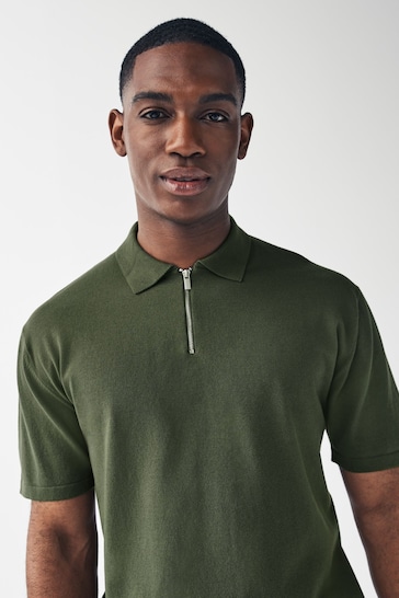 Green Knitted Regular Fit Zip Polo Shirt