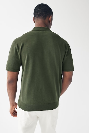 Green Knitted Regular Fit Zip Polo Shirt