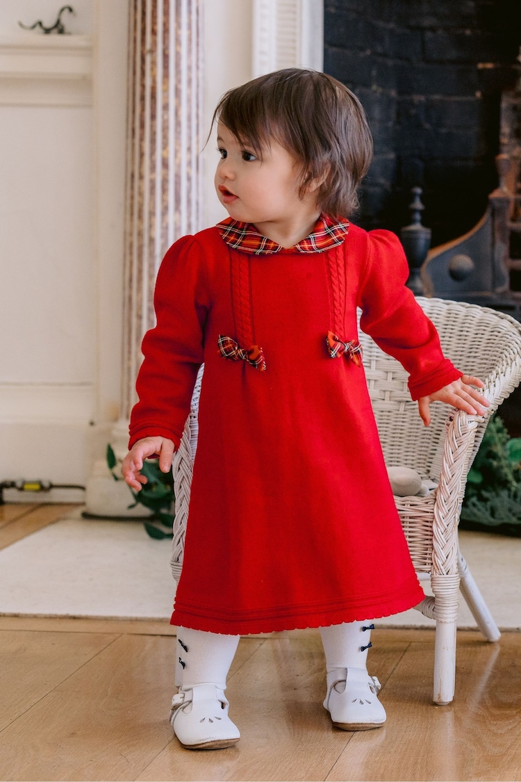 Emile Et Rose Red Knitted Bow Detail Christmas Dress & Tights - Image 1 of 4