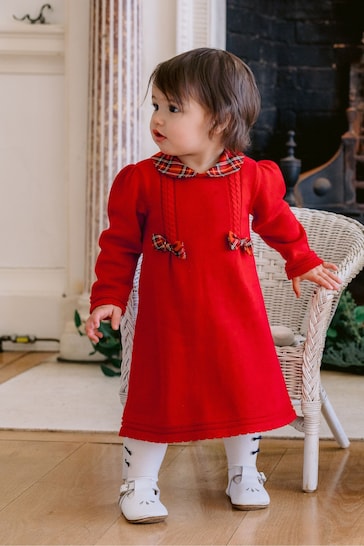 Emile Et Rose Red Knitted Bow Detail Christmas Dress & Tights