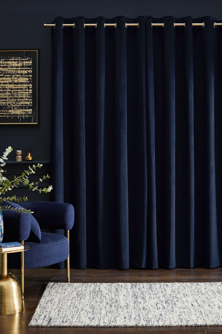 Dark Navy Blue Matte Velvet Lined Eyelet Curtains - Image 2 of 7