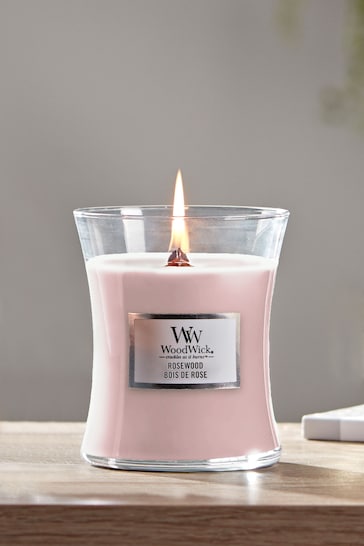 Woodwick Pink Medium Hourglass Scented Candle with Crackle Wick Rosewood