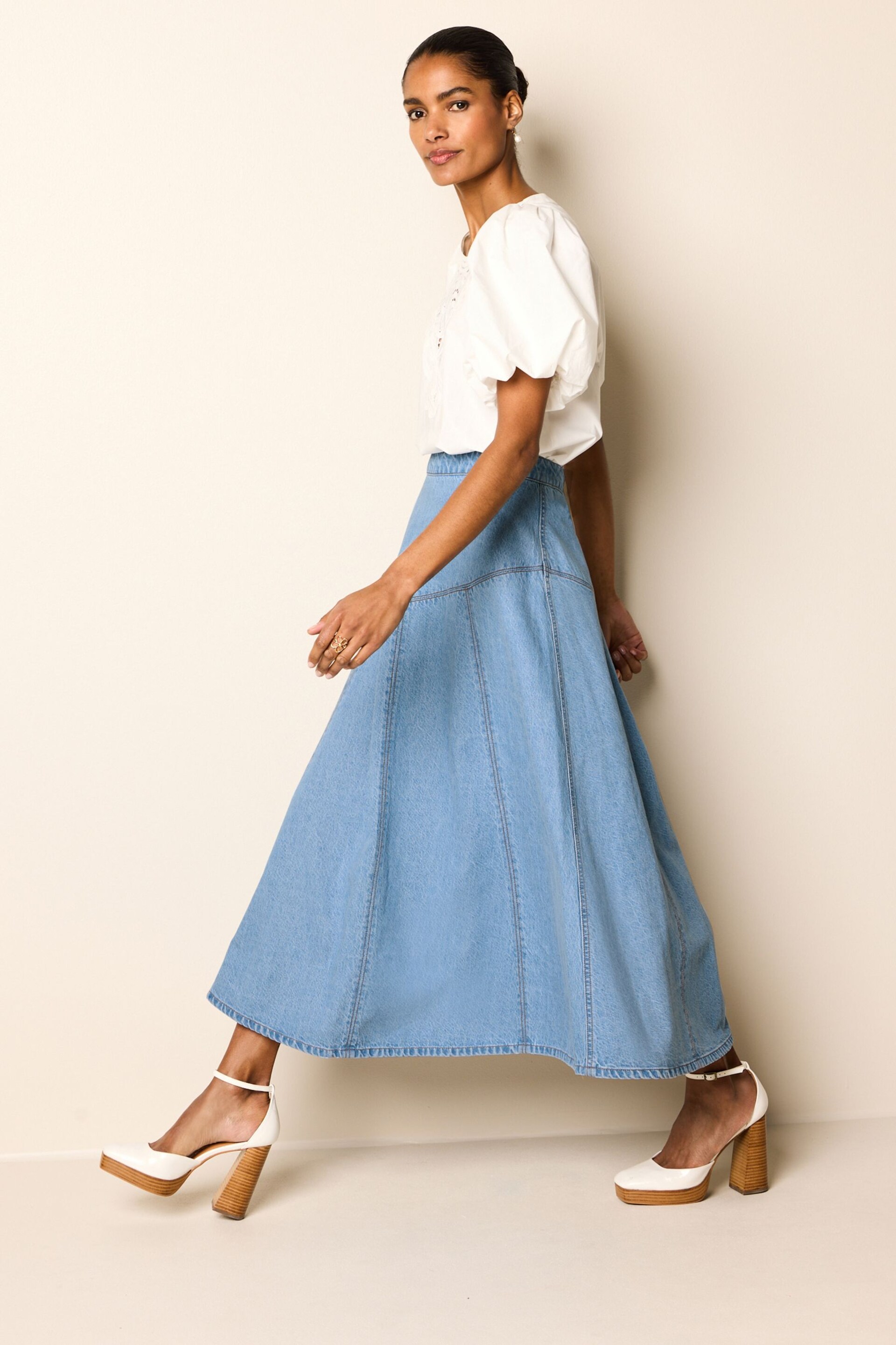 Mid Blue Panelled Denim Maxi Skirt - Image 2 of 7