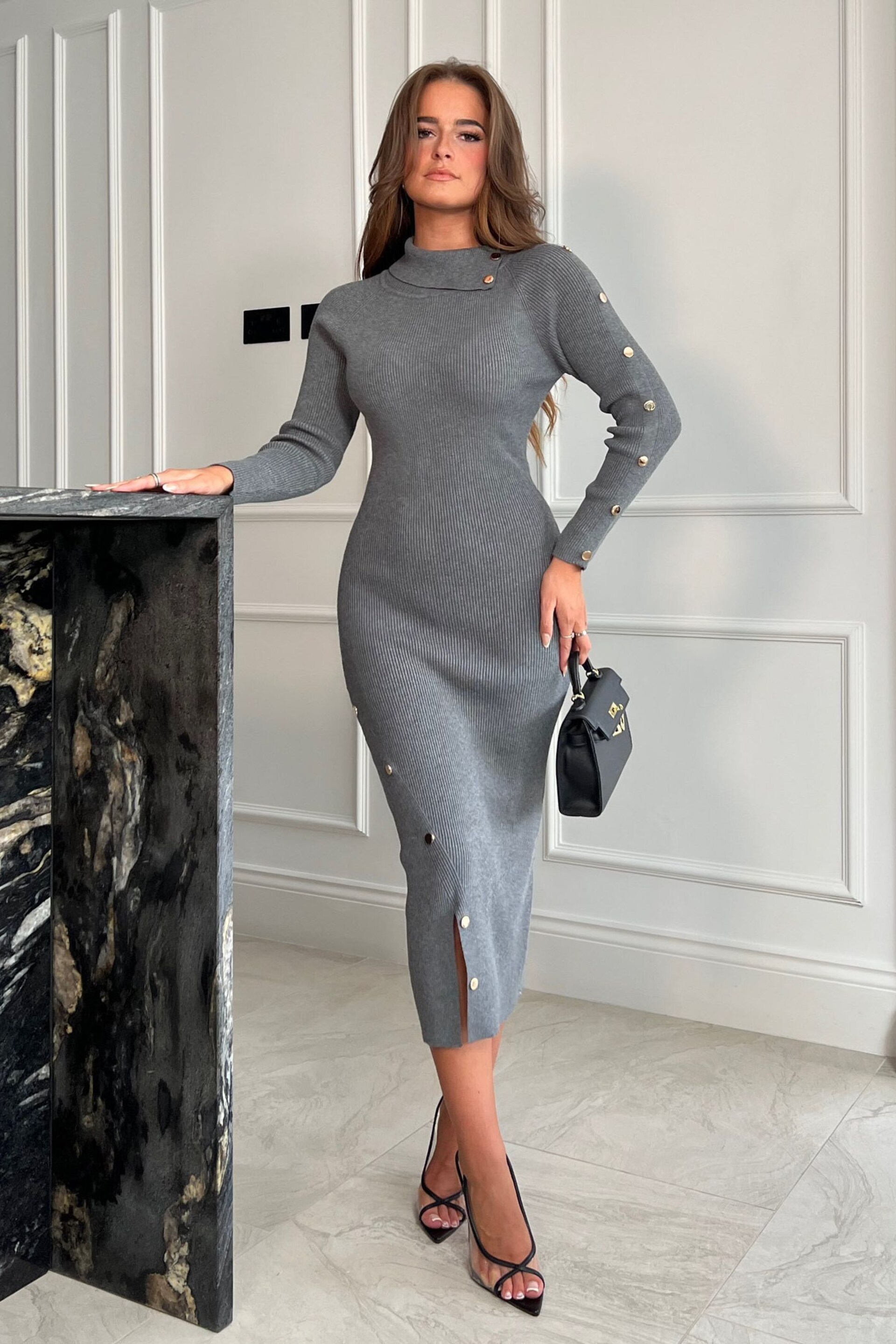 Girl In Mind Grey Liana Folded Neck Midi Knitted Jumper Dress - Image 1 of 4
