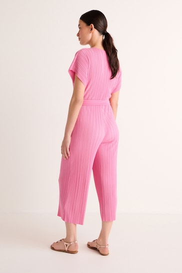 Pink Plisse Short Sleeve Culotte Jumpsuit