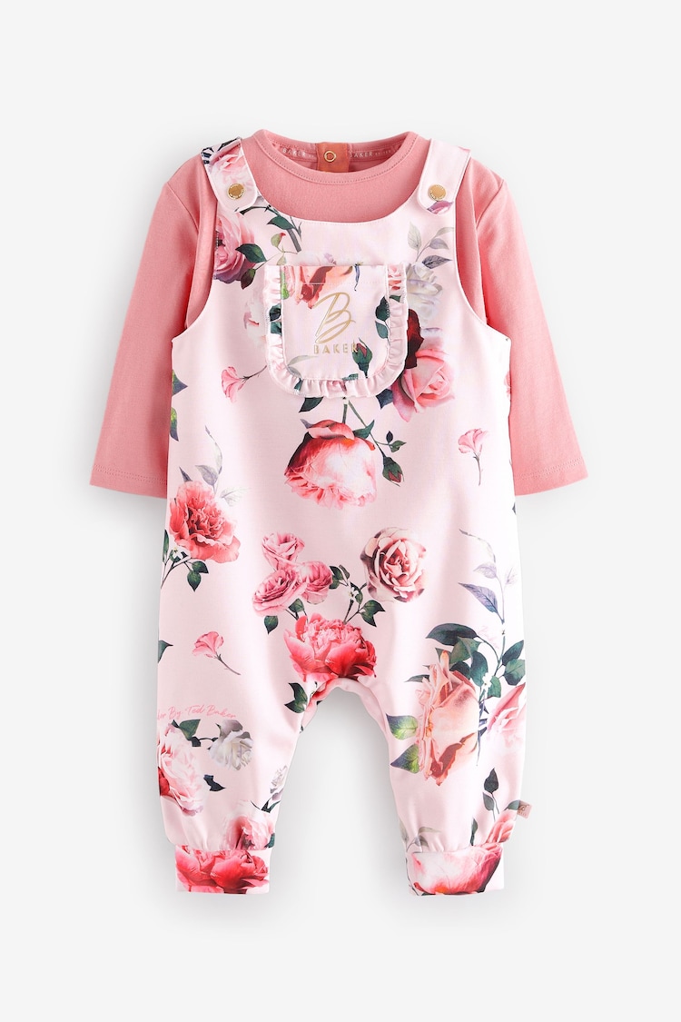 Baker by Ted Baker Pink Floral T-Shirt and Dungaree Set 2 Piece - Image 1 of 5