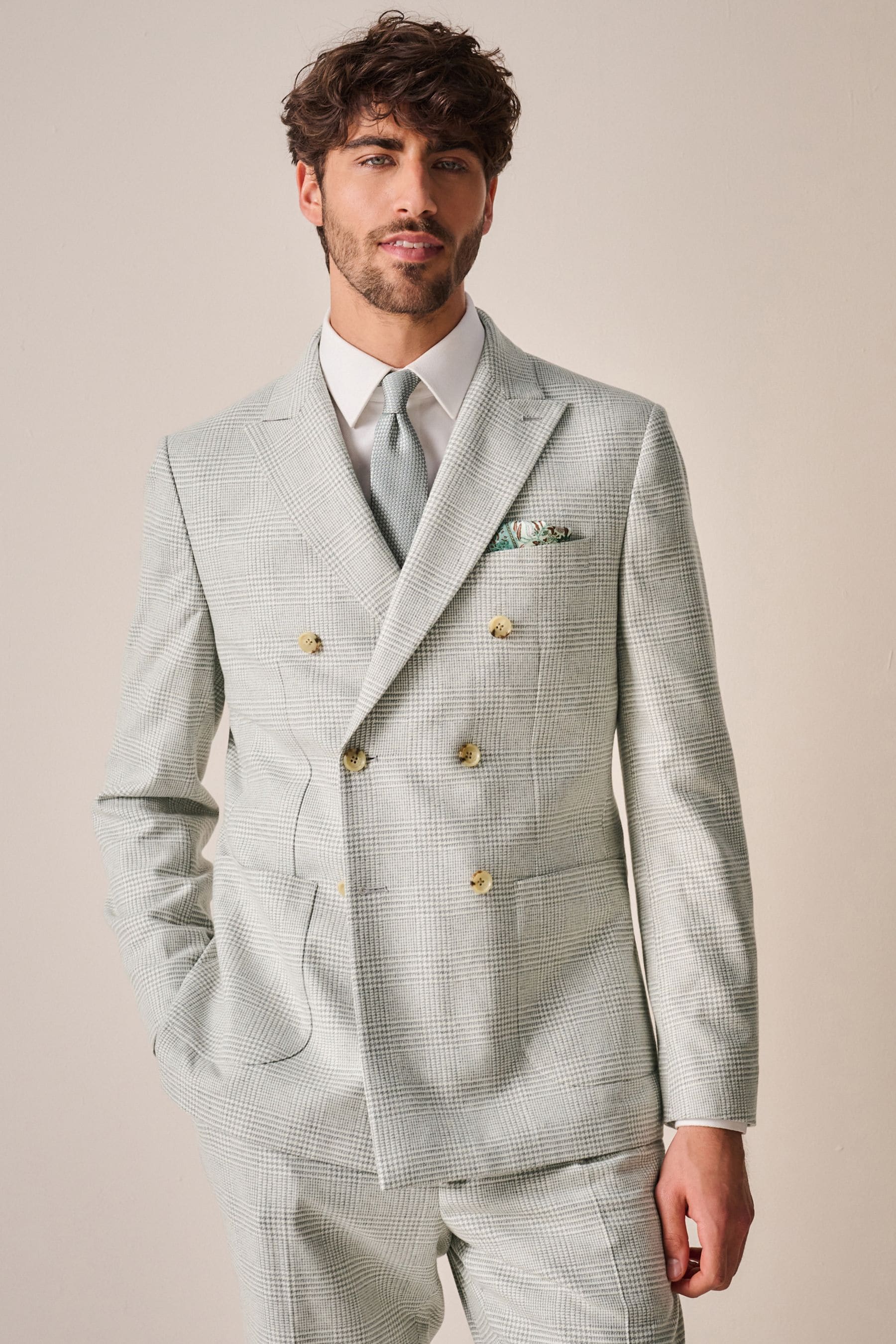 Natural Slim Fit Italian Wool Blend Check Double Breasted Suit Jacket