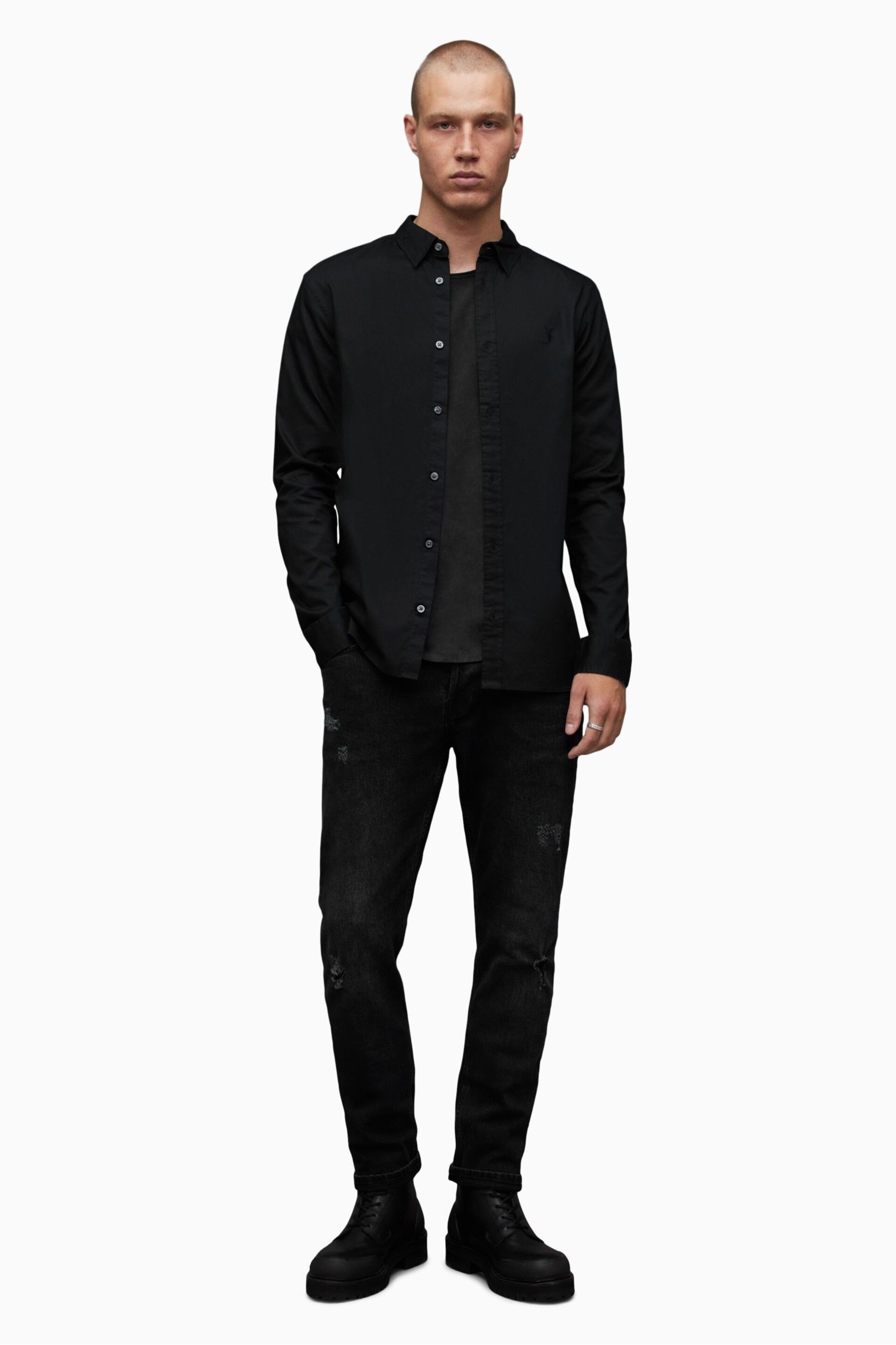 AllSaints Black Crome Hawthorne Long Sleeved Shirt - Image 3 of 5