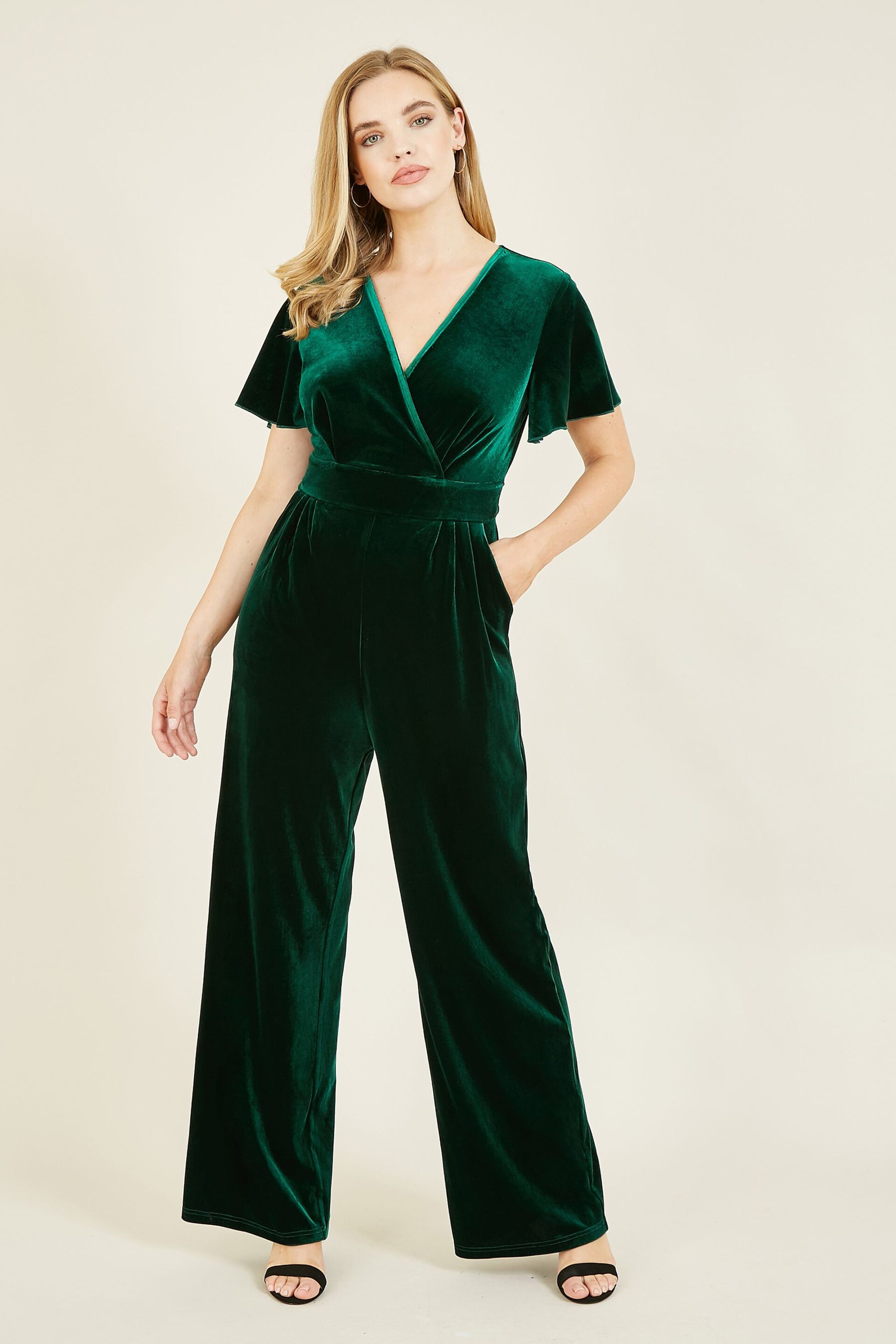 Yumi Dark Green Jumpsuit With Angel Sleeves - Image 1 of 2