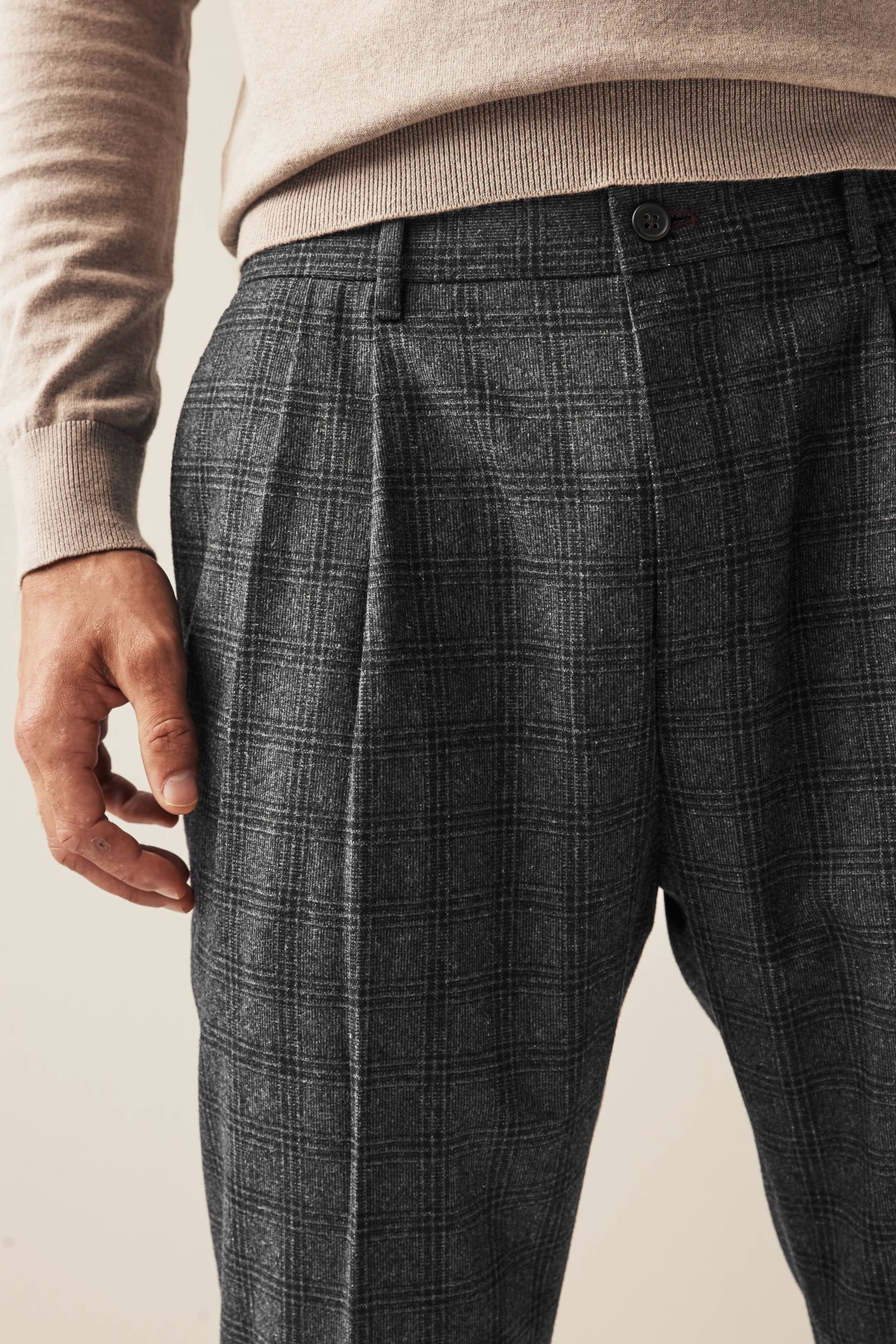 Navy Blue Check Nova Fides Italian Fabric Trousers With Wool - Image 5 of 9