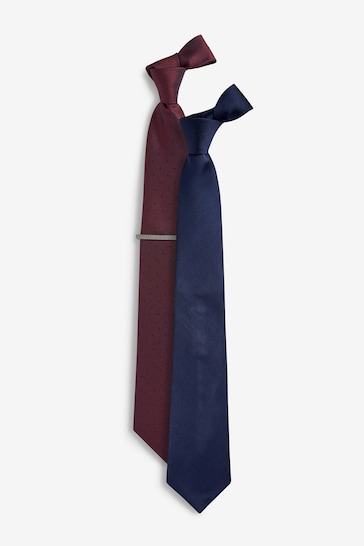 Navy Blue/Burgundy Red Textured Tie With Tie Clip 2 Pack