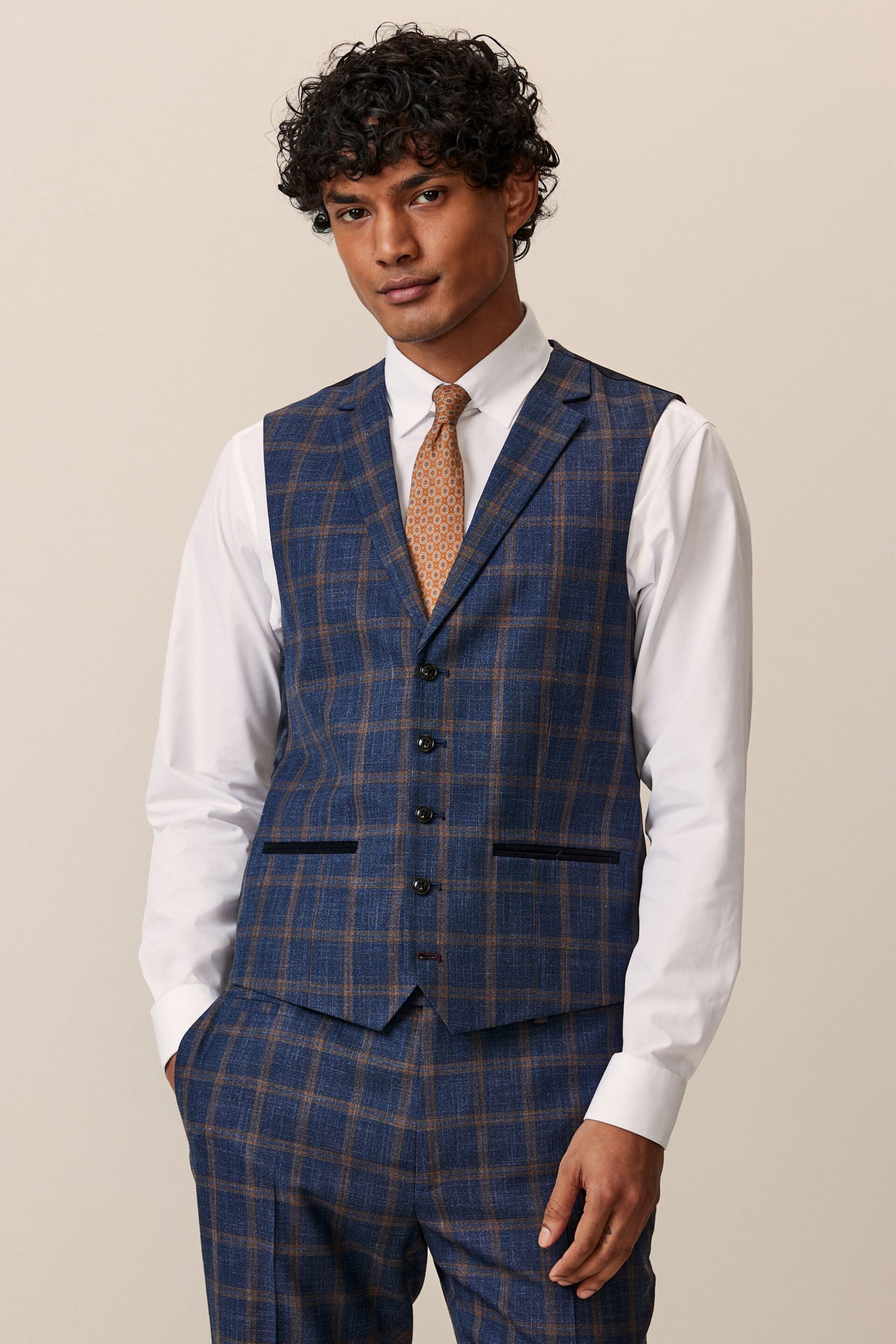 Bright Blue Skinny Trimmed Check Suit Waistcoat - Image 1 of 10