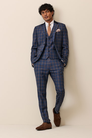 Bright Blue Skinny Trimmed Check Suit Waistcoat