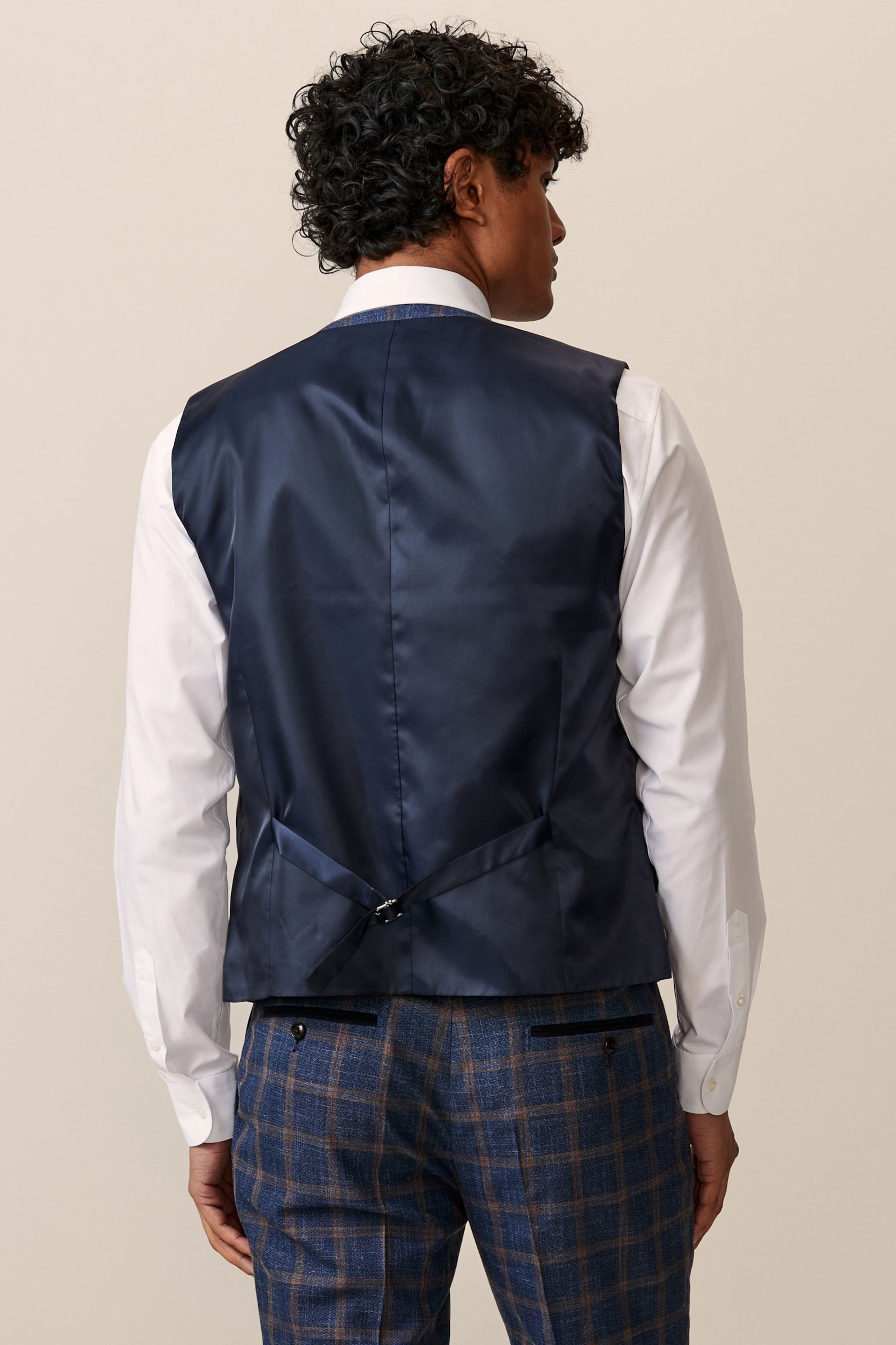 Bright Blue Skinny Trimmed Check Suit Waistcoat - Image 3 of 10