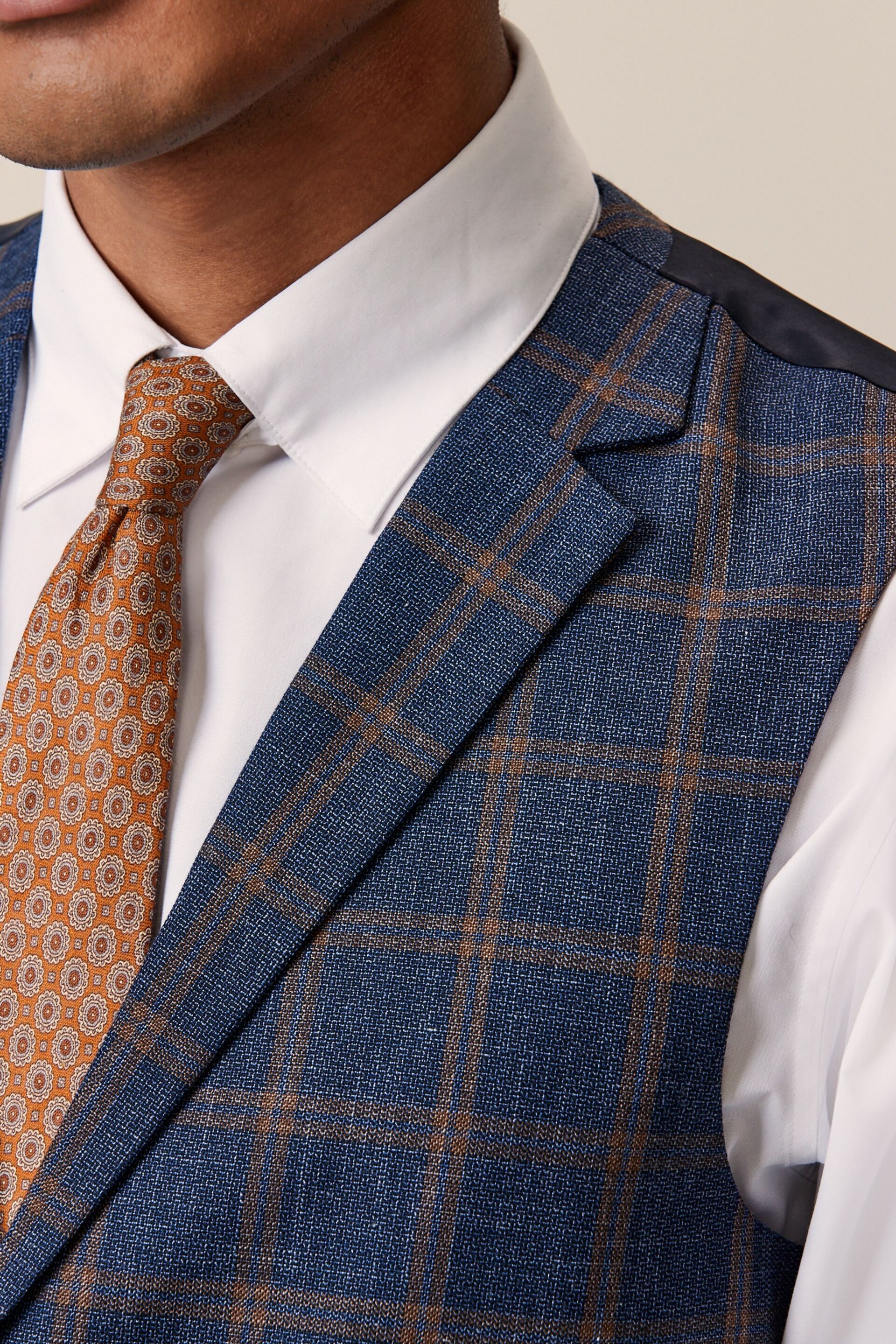 Bright Blue Skinny Trimmed Check Suit Waistcoat - Image 4 of 10
