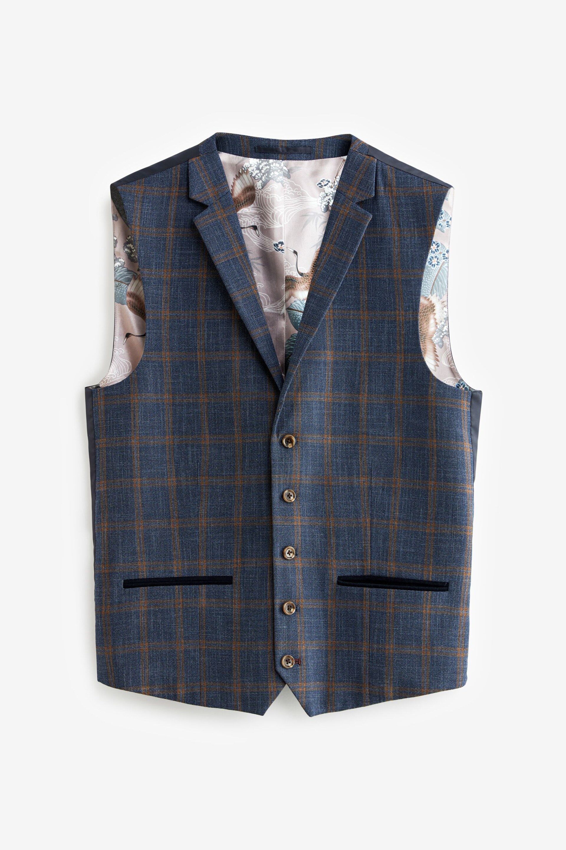 Bright Blue Skinny Trimmed Check Suit Waistcoat - Image 7 of 10
