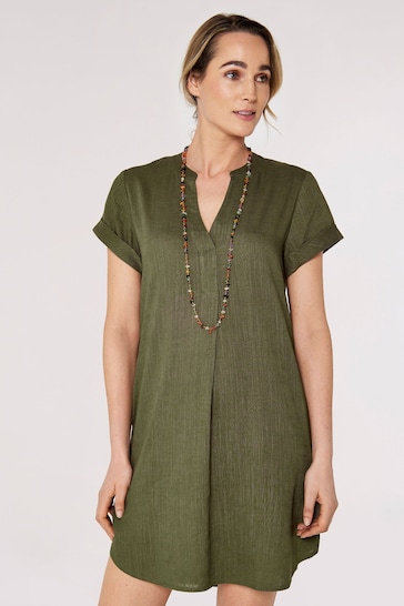 Apricot Khaki Green Front Pleat V-Neck Mix Dress