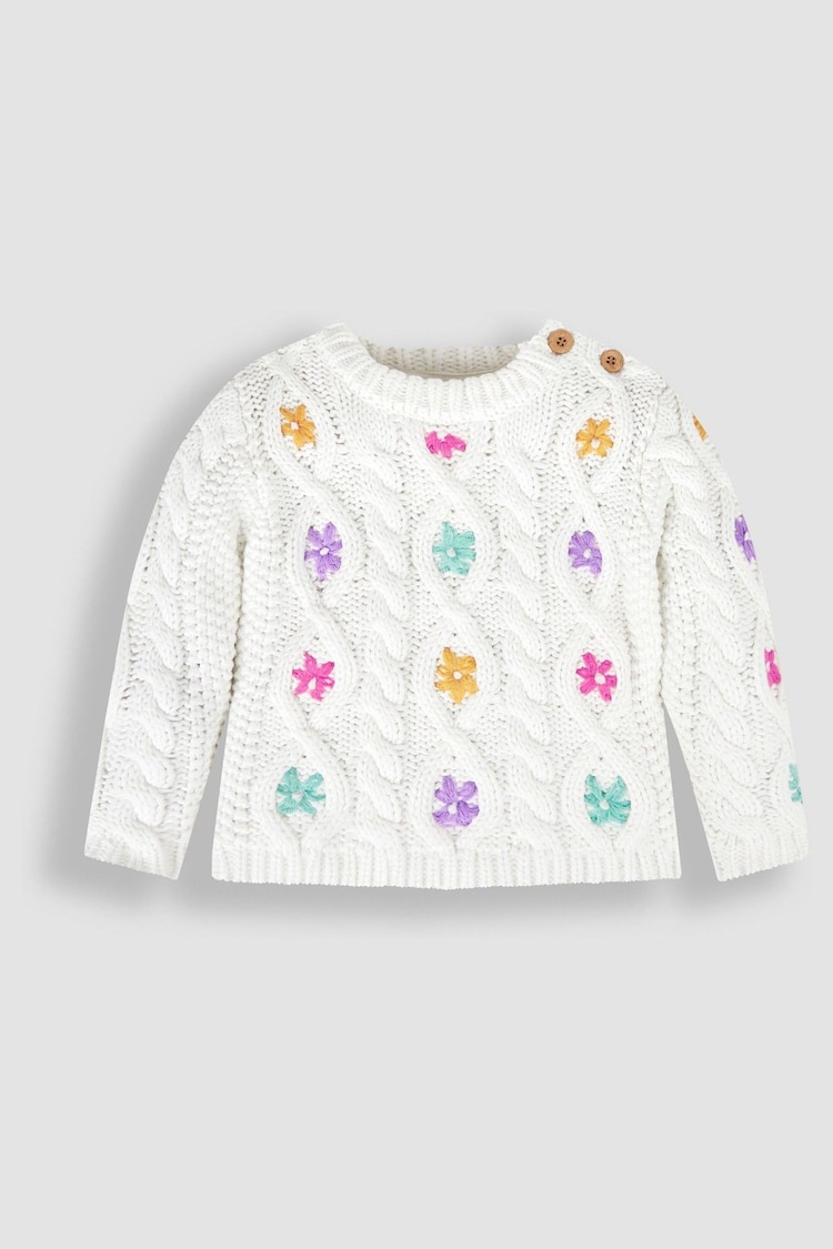 JoJo Maman Bébé Cream Girls' Cable Knit Jumper With Embroidered Flowers - Image 2 of 3