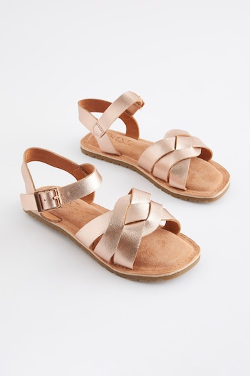 Rose Gold Standard Fit (F) Leather Woven Sandals