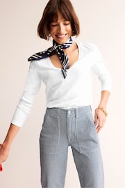 Boden White Cotton V-Neck Long Sleeve Top - Image 1 of 5