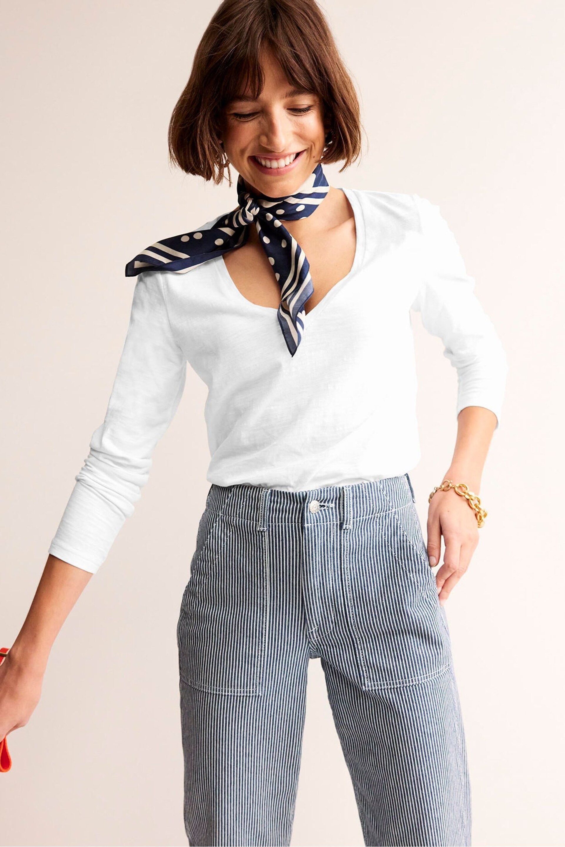 Boden White Cotton V-Neck Long Sleeve Top - Image 1 of 5