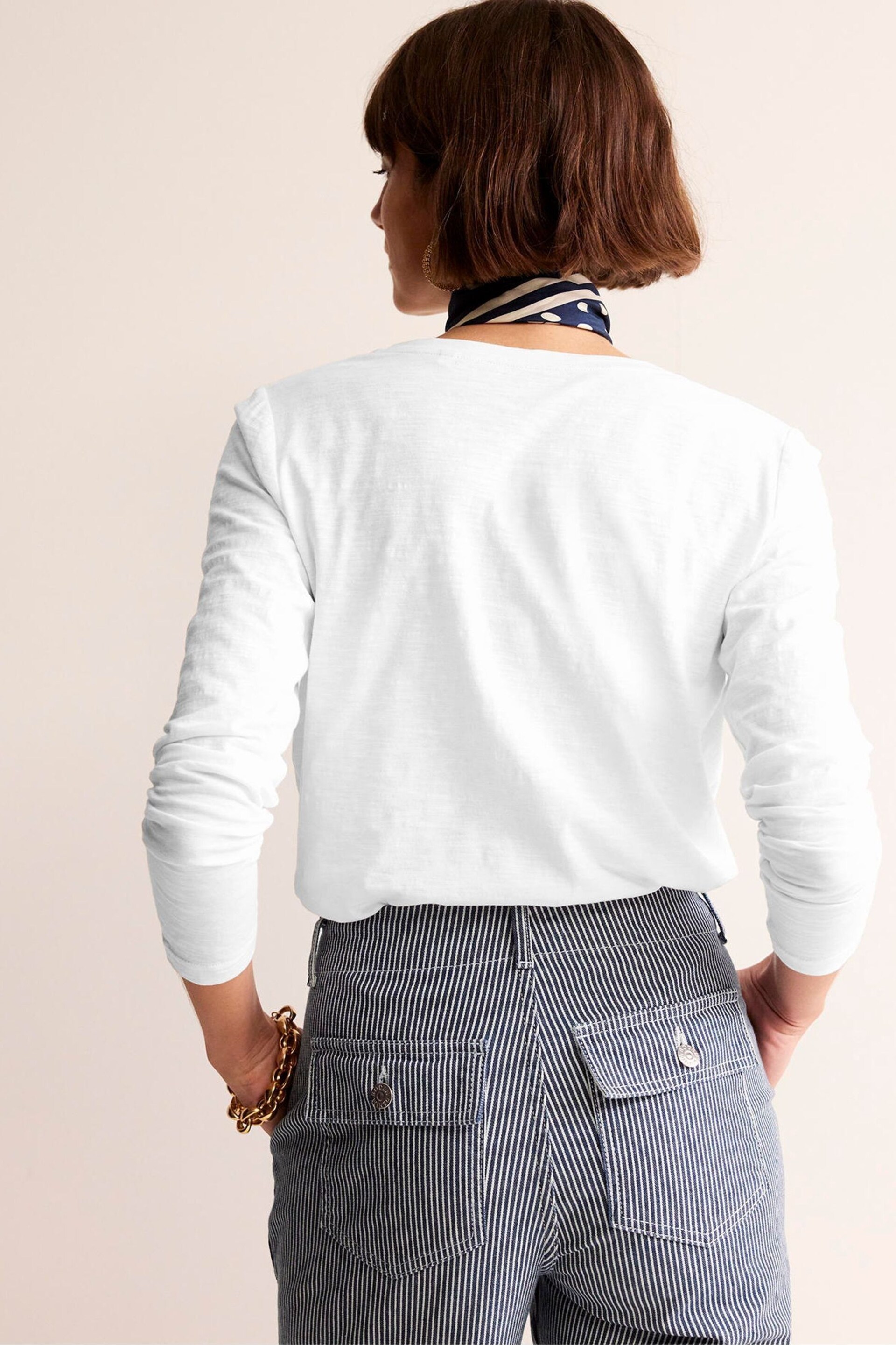 Boden White Cotton V-Neck Long Sleeve Top - Image 2 of 5