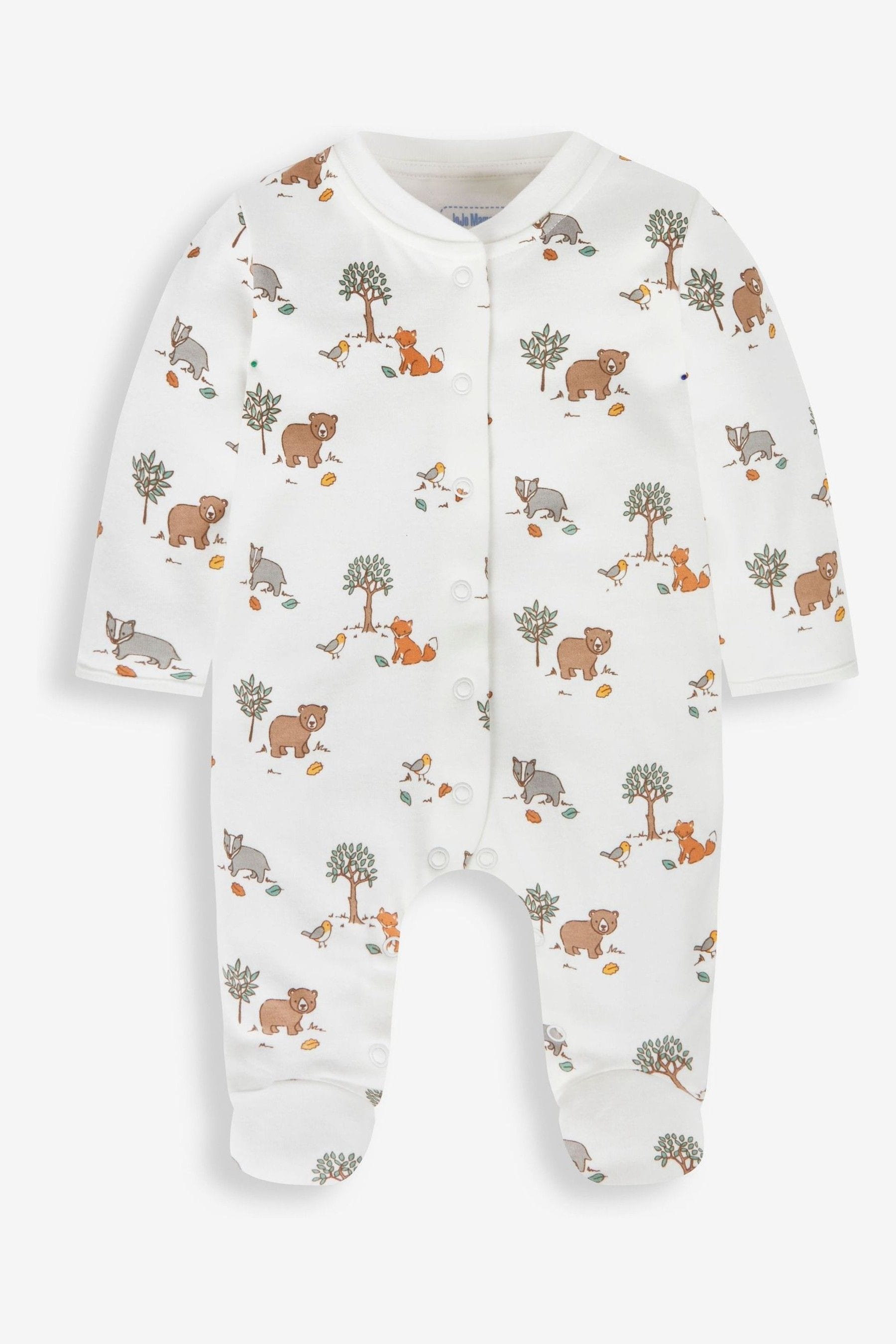 JoJo Maman Bebe Cream Woodland Print Cotton Baby Sleepsuit
