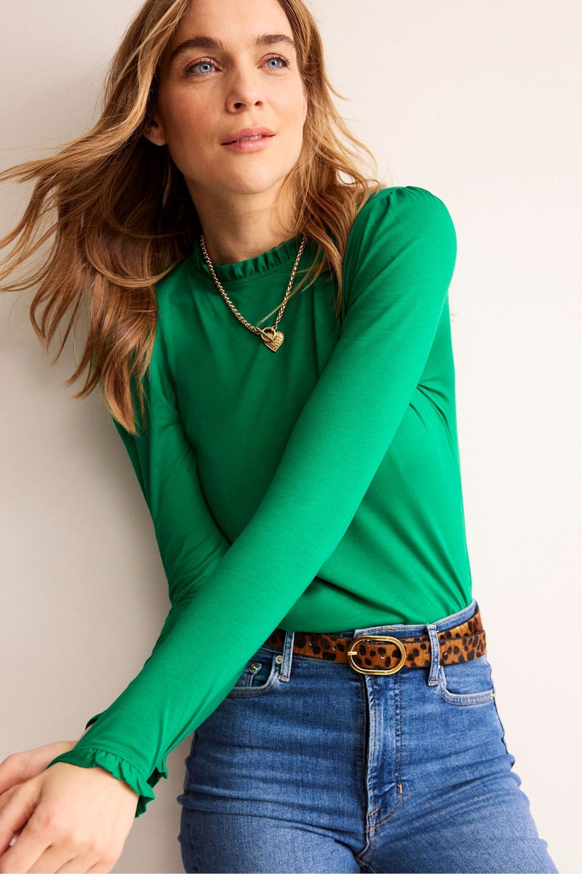Boden Dark Green Supersoft Frill Detail Top - Image 1 of 5