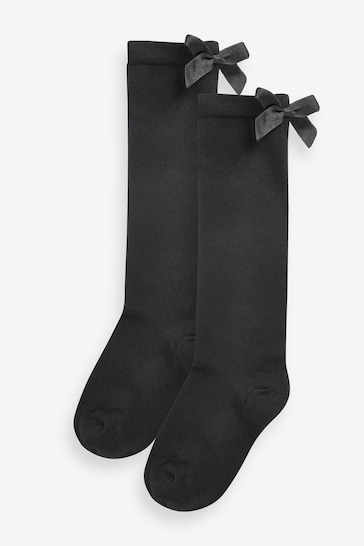 Black 2 Pack Cotton Rich Bow Knee High School Socks