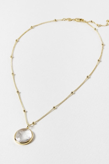 Oliver Bonas Gold Tone Amelia Engraved Glass Plated Pendant Necklace
