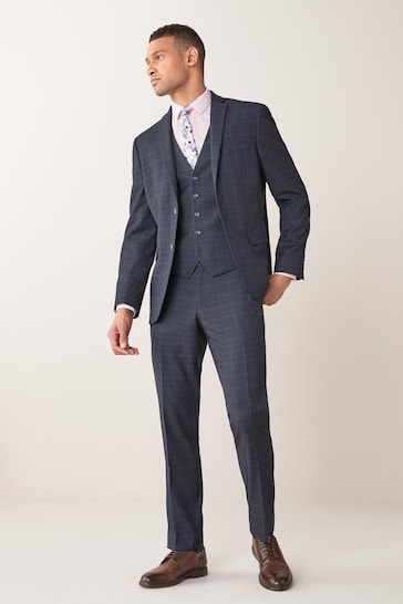 Navy Blue Tailored Check Suit Jacket