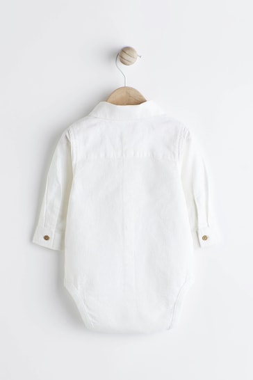 White Woven Linen Mix Shirt Baby Bodysuit