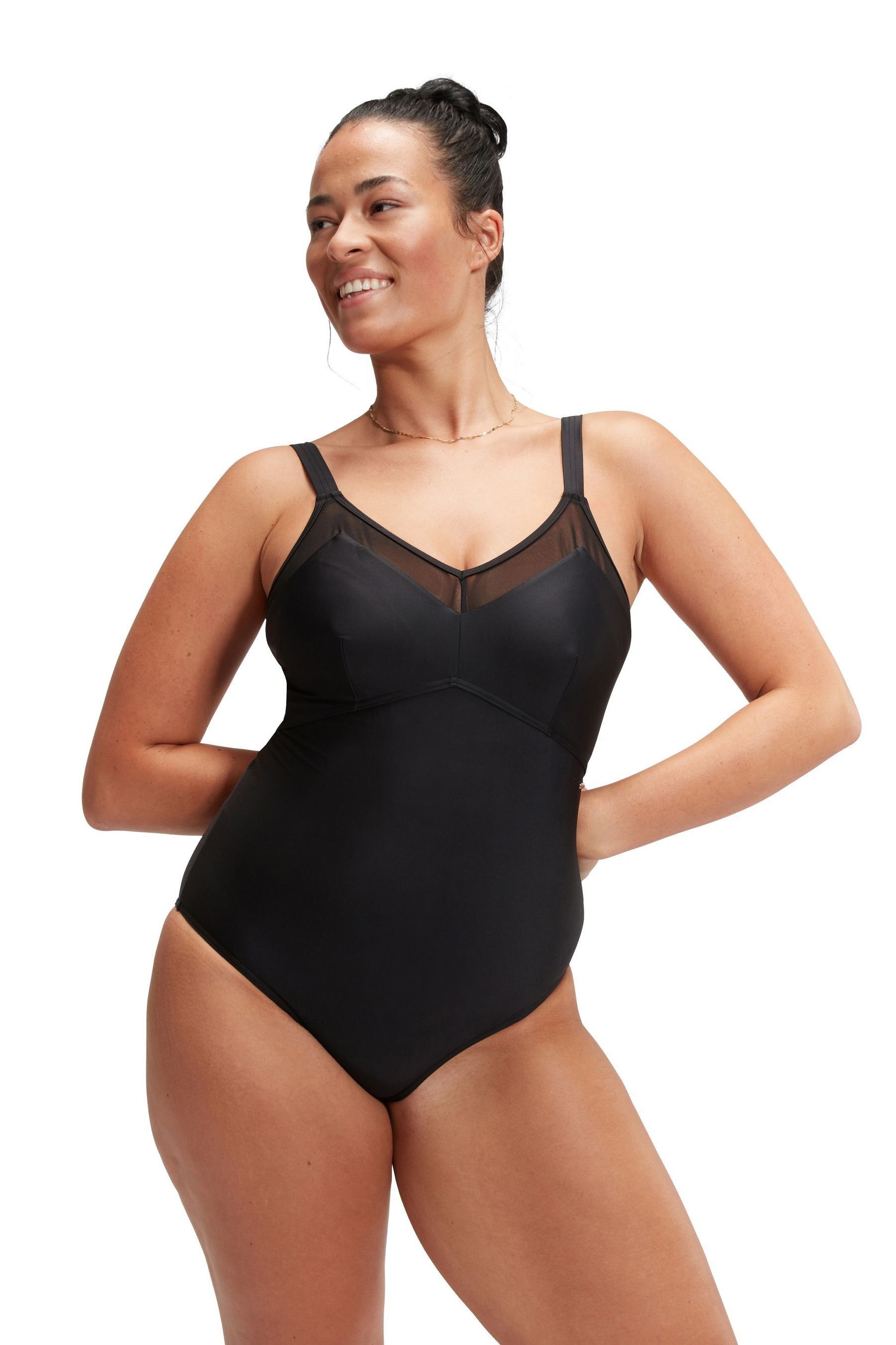 Speedo Black Womens Shaping Mesh Detail 1 Piece Swimsuit