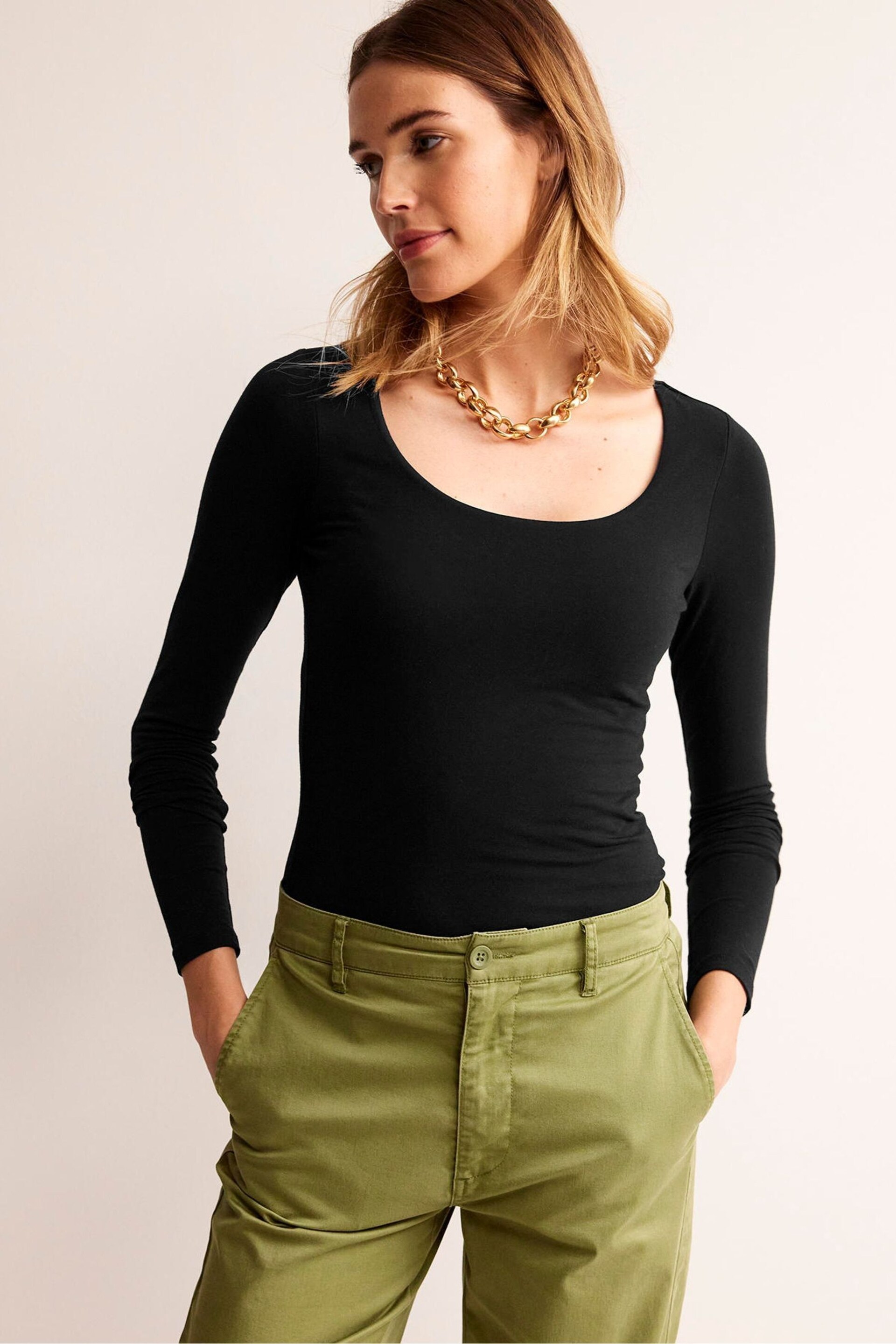 Boden Black Double Layer Scoop Neck Long Sleeve T-Shirt - Image 1 of 5