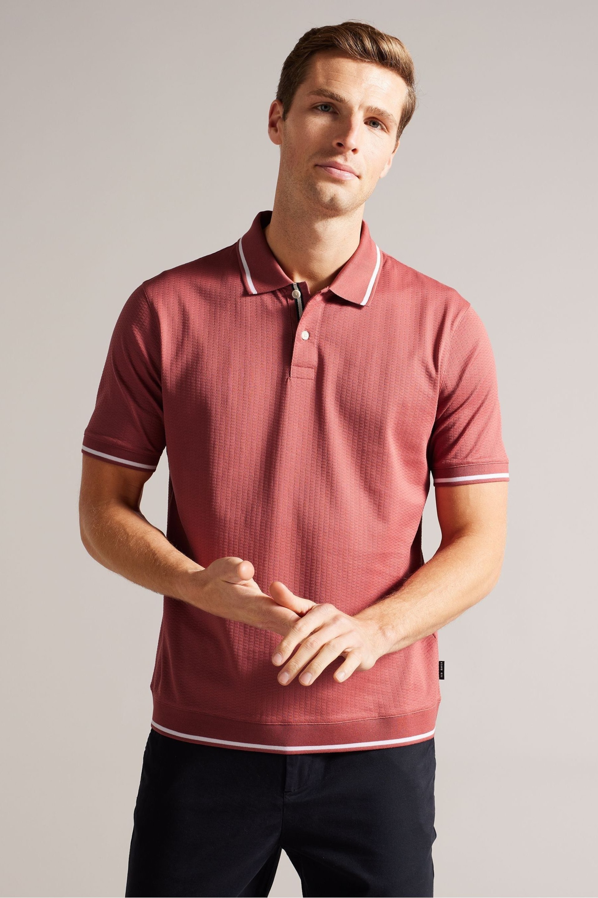 Ted Baker Pink Regular Erwen Short Sleeve Textured Polo Shirt - Image 1 of 7