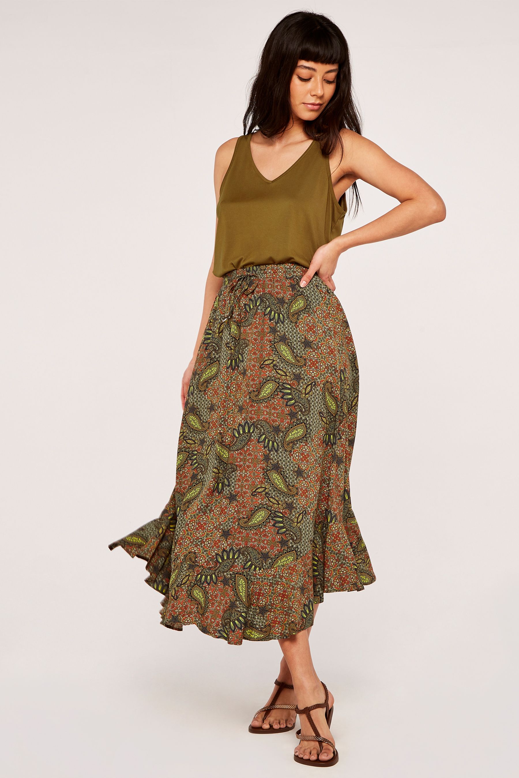 Khaki curved hem skirt online
