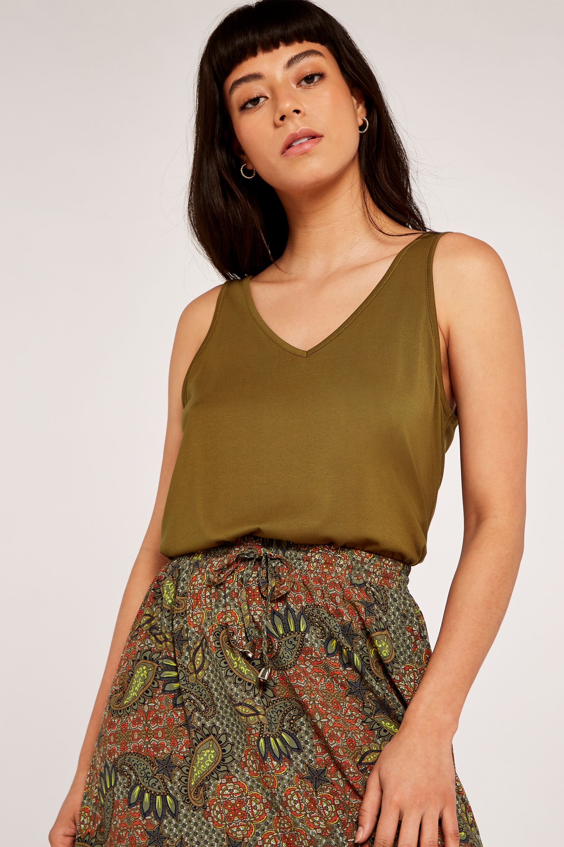 Buy Apricot Khaki Green Paisley Print Curved Hem Skirt from the
