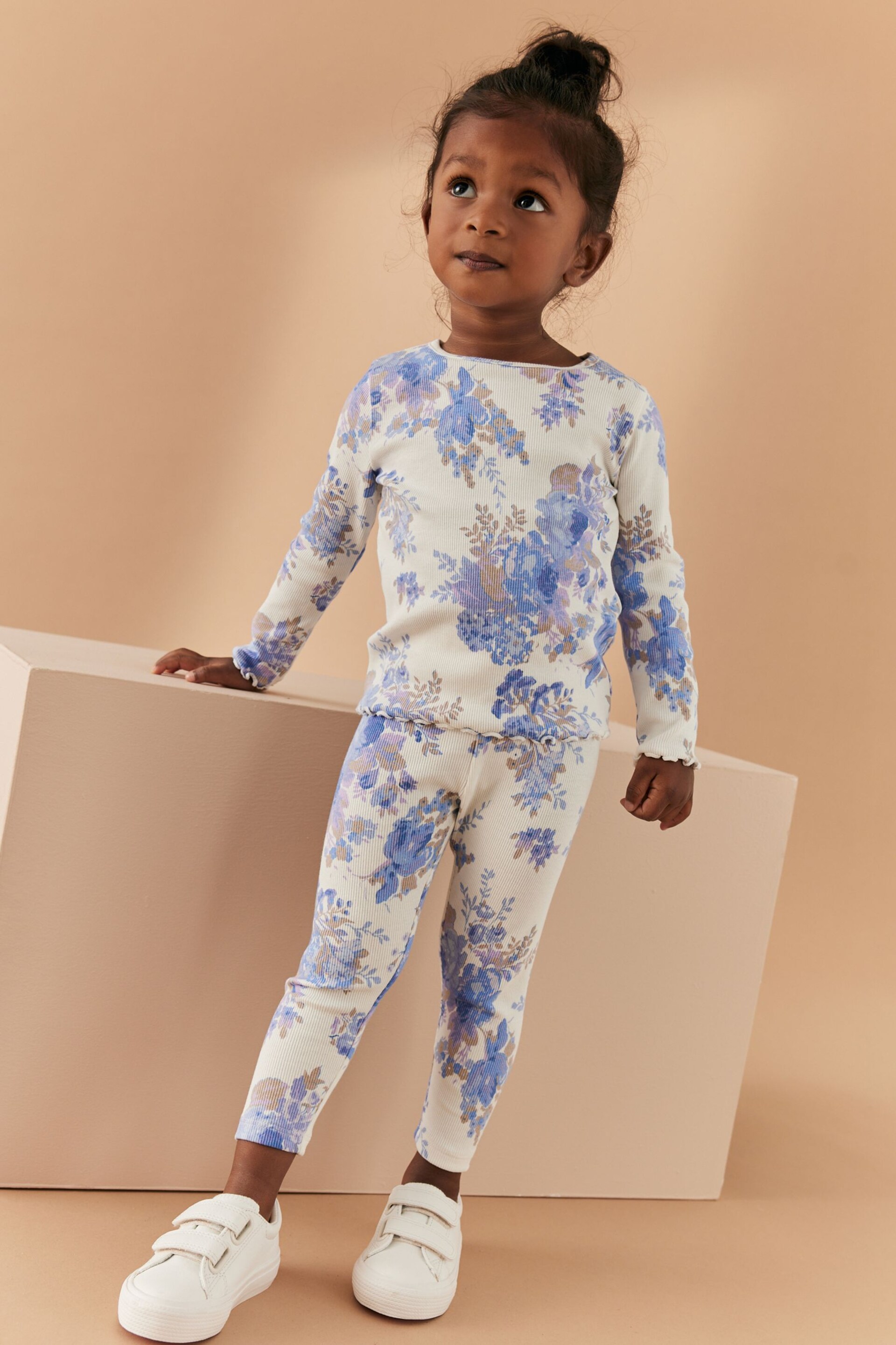 Blue Floral Cotton Rich Long Sleeve Rib T-Shirt (3mths-7yrs) - Image 1 of 5