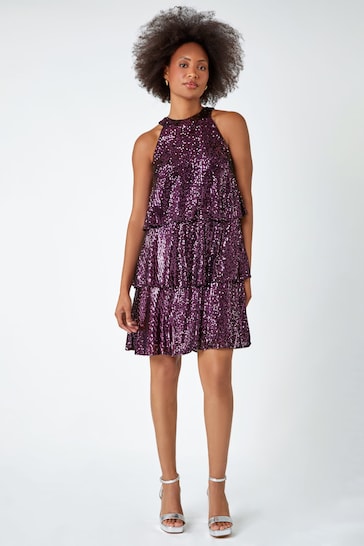 Dusk Purple Sequin Embellished Tiered Party Dress