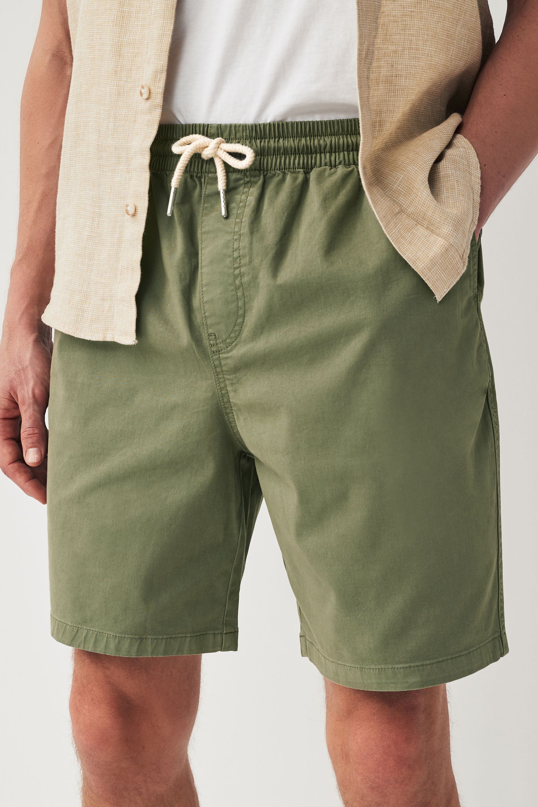 Khaki Green Washed Cotton Elasticated Waist Shorts