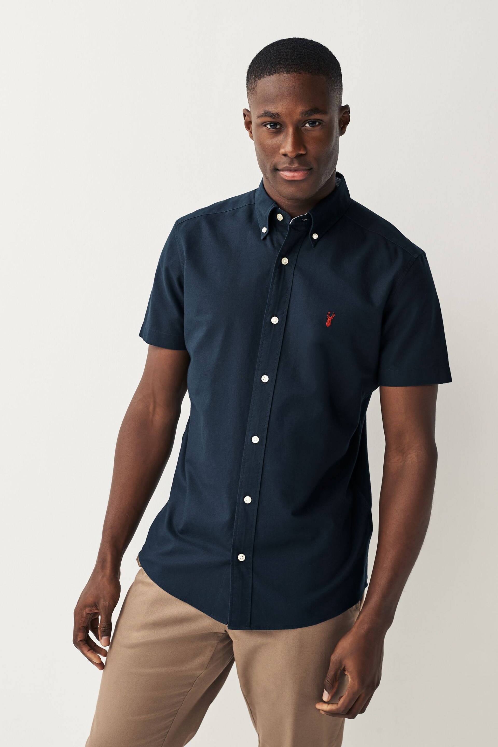 Navy Blue Slim Fit Short Sleeve Oxford Shirt - Image 1 of 6