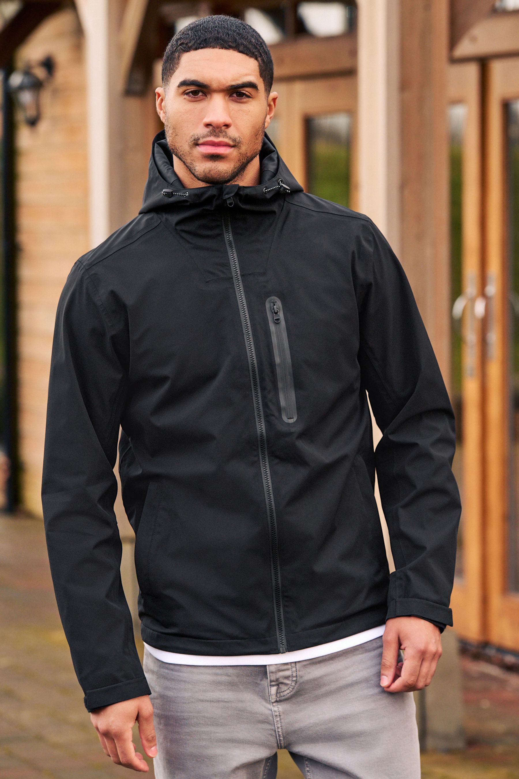 Black hooded jacket shop