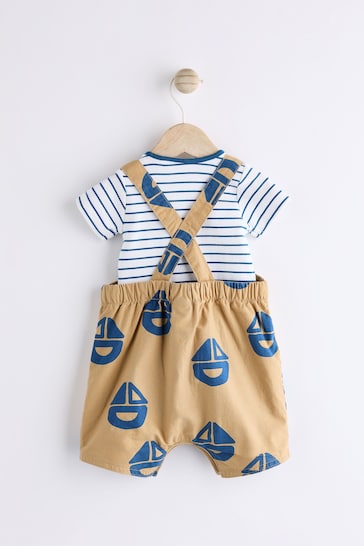Brown/Navy Boat Baby Woven Dungarees and Bodysuit Set (0mths-2yrs)