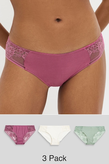 Cream/Pink/Sage Green Brazilian Modal & Lace Knickers 3 Pack
