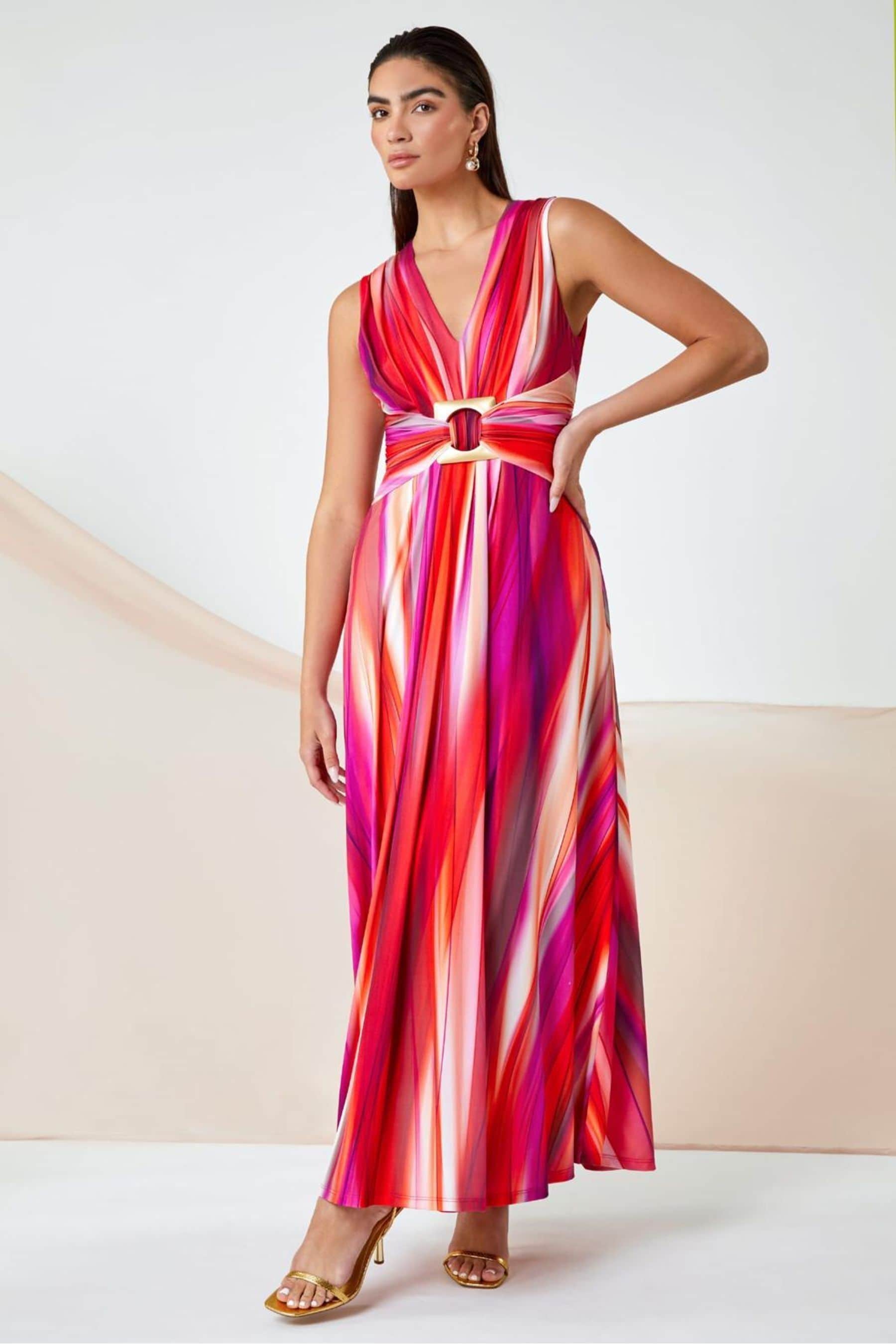 Roman Pink Ombre Buckle Stretch Maxi Dress