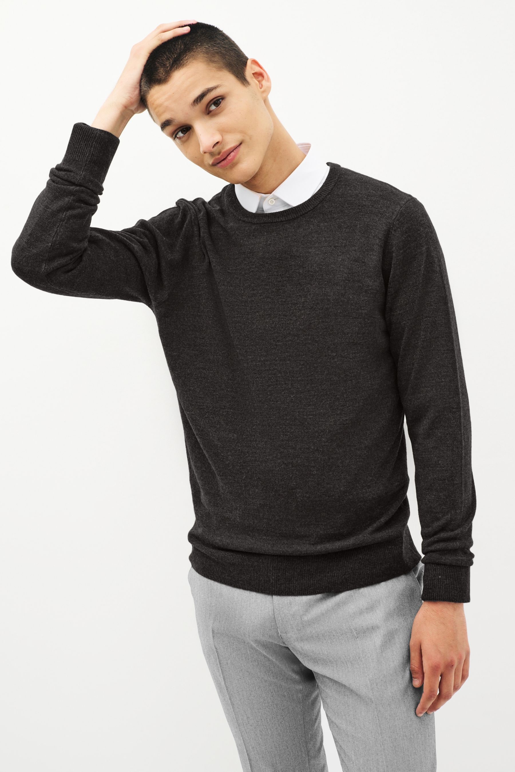 Dark Grey Crew Neck Regular Soft Touch Knit Jumper