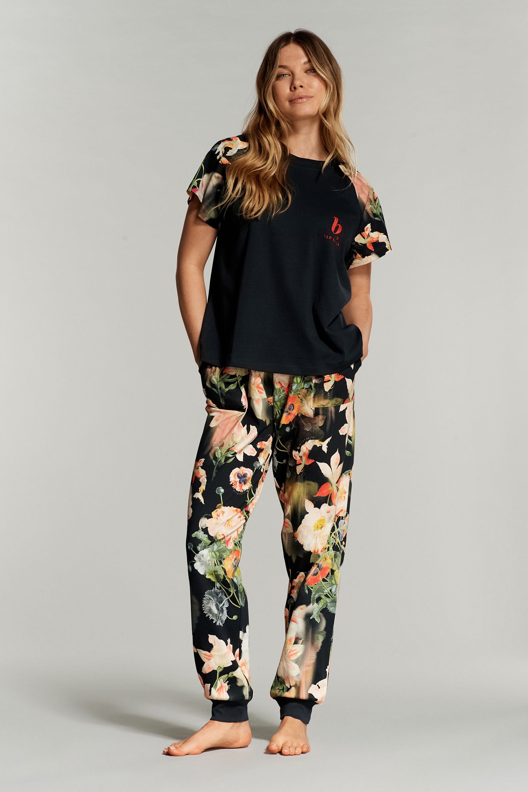 B by Ted Baker 100 Cotton Black Floral Pyjama Set 14 Womens