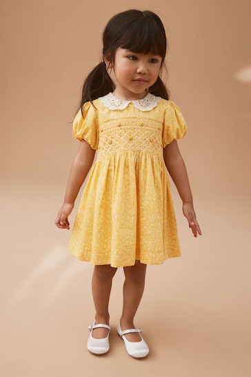 Yellow Lace Collar Shirred Dress (3mths-8yrs)