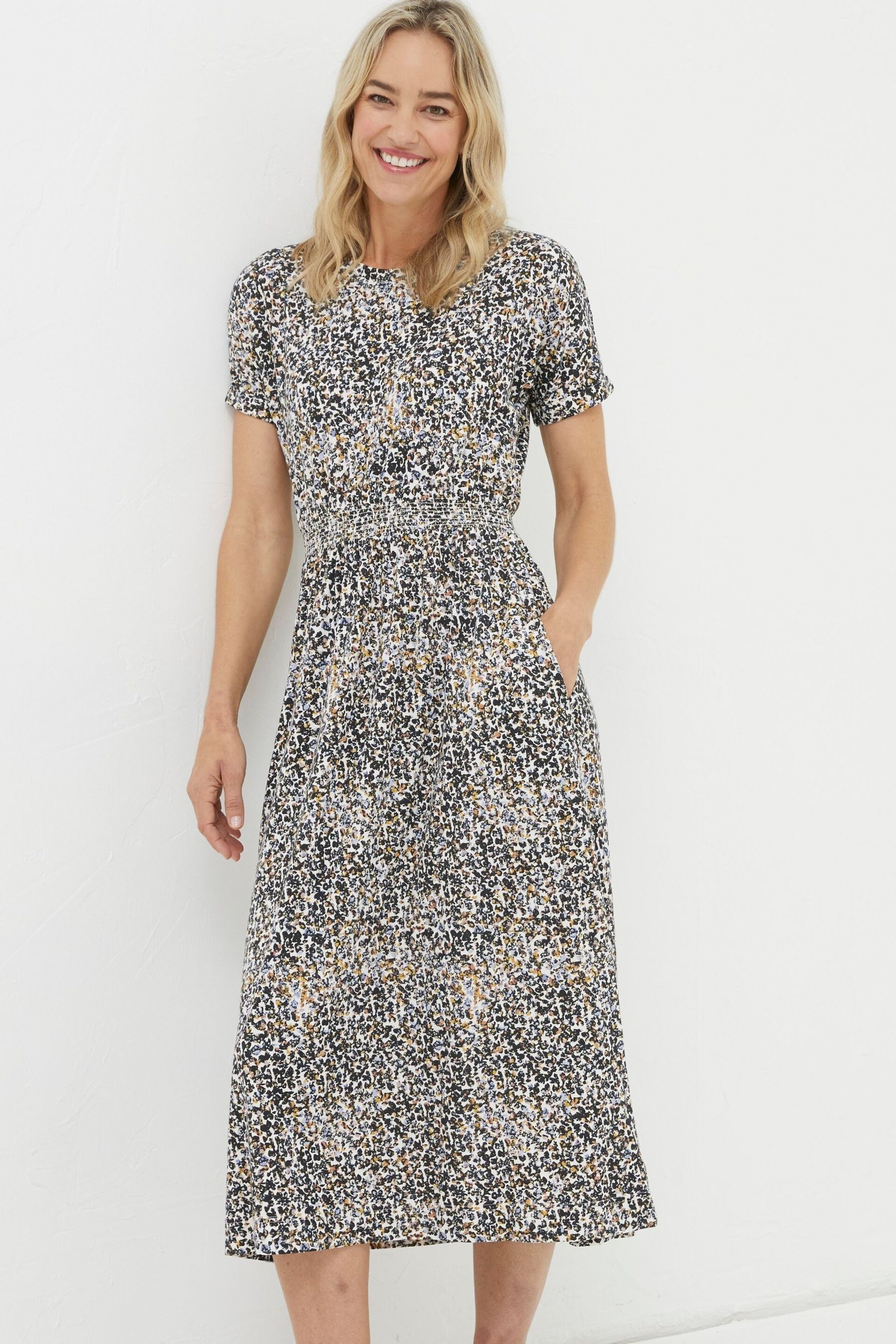 FatFace Natural Navi Dappled Spot Jersey Dress - Image 1 of 6